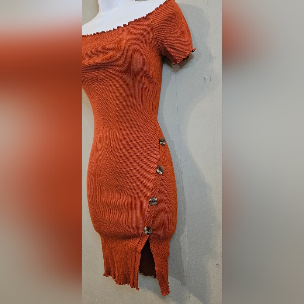 Chocolate Off-Shoulder Buttoned Mini Dress - Rust - Picture 2 of 3